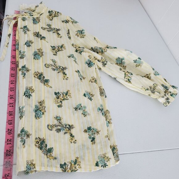 LOFT Womens Floral Blouse Size M Yellow Green Pintucked Tie Neck Cottage Core - Picture 7 of 9